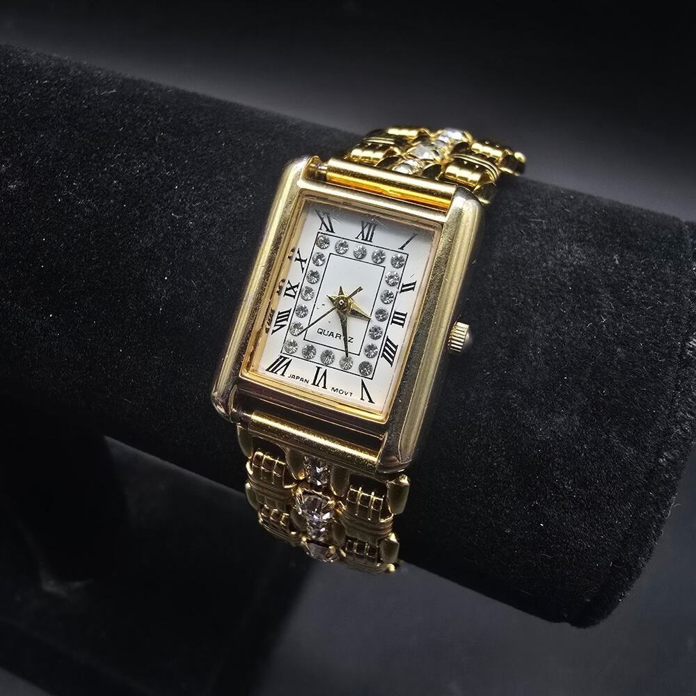 Women's Gold Tone Rhinestone Quartz Watch WORKS Working 1980s